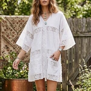 Vintage 70s Mexican White Lace Tunic Blouse S/M Sheer Boho Prairie Pintuck Top